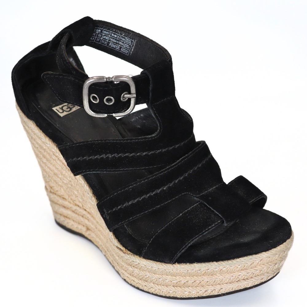 UGG Lucianna Women 6 Black Suede Wedge Sandals Espadrille Platform Ankle Tie